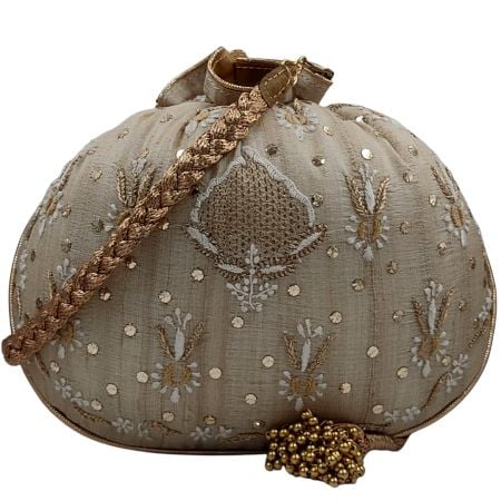 Beige Color Chikankari Silk Round Potli Bag